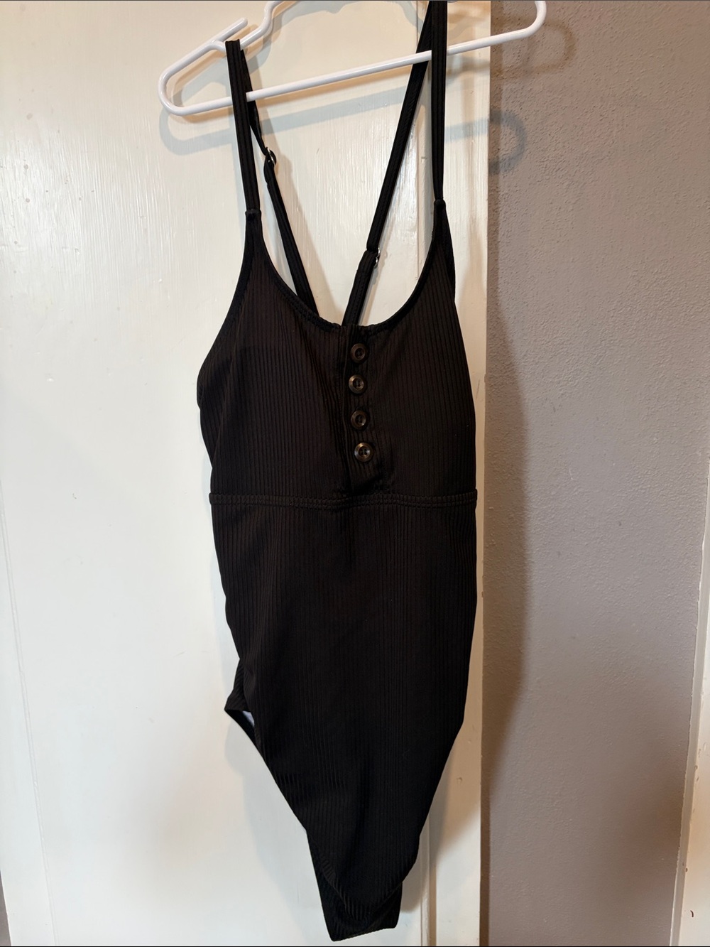 Black Ribbed One-Piece Swimsuit with Button Front